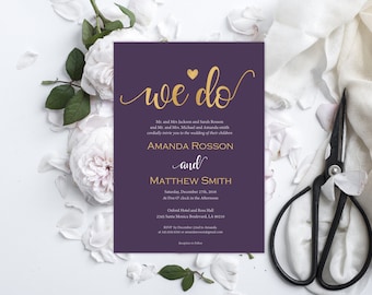 Printable Wedding Invitation - Wedding Invitation Template - Editable - Plum and Gold Wedding Invitations - Downloadable Wedding #WDH0175