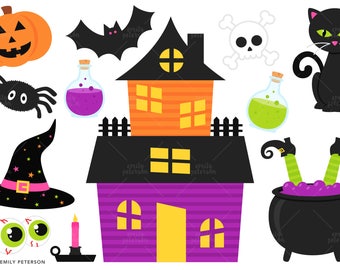 Happy Halloween, Witch, Black Cats - Cute Clipart, Clip Art - Commercial Use, Instant Download