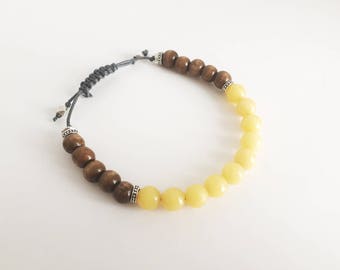Bracelet ajustable avec billes en pierre de Jade jaune et billes de bois