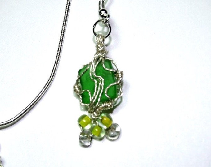 Lake Michigan Beach Glass gifts for her - Wire Wrap - Beads - Silver - Green Beach Glass - Necklace - drop earrings