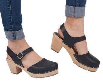 Swedish Clogs Highwood Black Leather by Lotta from Stockholm / Wooden Clogs / Sandals / High Heel / Mary Jane Shoes / Made in Sweden /