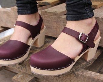 Swedish Clogs Highwood Aubergine Leather by Lotta from Stockholm / Wooden Clogs / Summer Sandals / High Heel / Mary Jane Shoes / Eggplant /