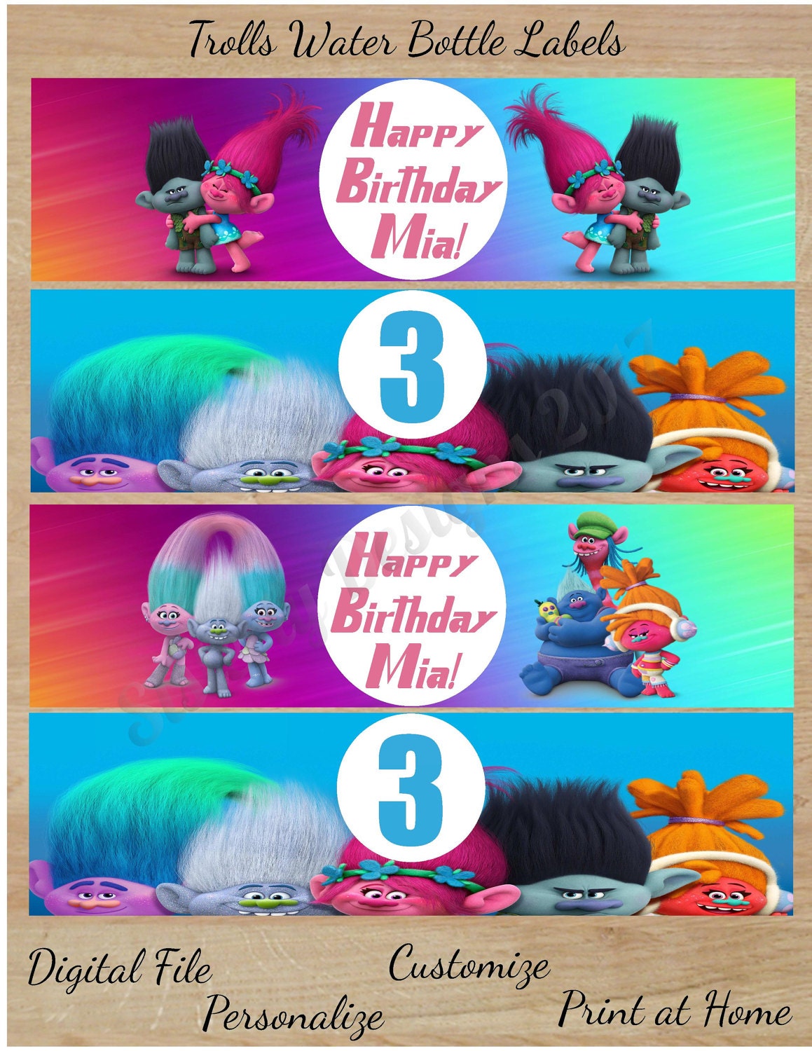 Digital File Trolls Water Bottle Labels Trolls Birthday