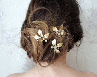 Gold Leaf Hair Pins Bridal Hair Pin Crystal Hair pin Gold Small Wedding Hair Combs Gold Leaf Hair Pins Bridal Hairpiece leaf bobby pins