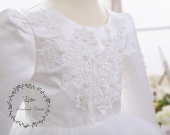 Long Sleeve Off White Pearl Beaded Lace Flower Girl Tutu Dress, Vintage Style, Baptism Christening Girl Dress