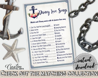 Navy Blue Nautical Anchor Flowers Bridal Shower Theme: Disney Love Songs Game - match the love songs, bridal shower idea, prints - 87BSZ