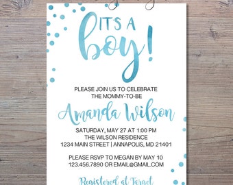 It's A Boy Baby Shower Invitation, Blue Watercolor Baby Shower Invite, It's A Boy, Shower Invitation, Blue Baby Shower, Watercolor Shower