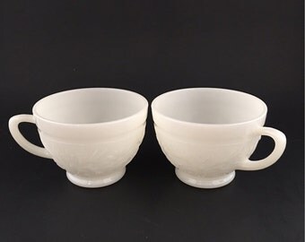 Vintage Milk Glass Tea Cups Daisy Pattern By Anchor Hocking Set Of 2