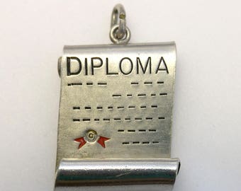 Vintage WELLS Sterling Diploma Scroll Graduation Charm or Pendant 925