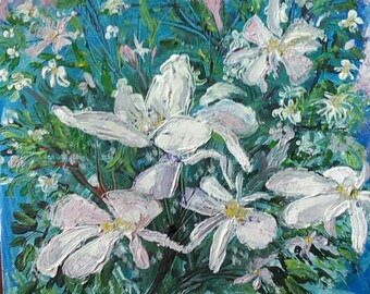 Magnolia blossom 30x30 cm Original acrylic painting on cotton canvas with pallete knife bring bright colors to your home or office