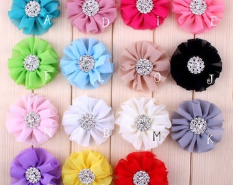 Free Shipping Artificial Chiffon Flowers + Rhinestone Button For Girl Hair Accessories Fabric Flowers For Headbands DIY Flower Supply 6.5cm
