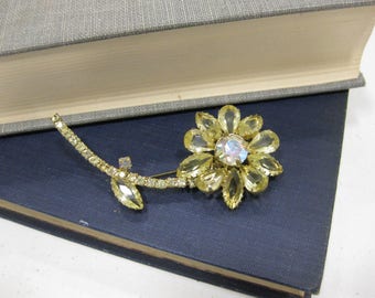 Vintage Yellow Rhinestone & Aurora Borealis Daisy Brooch