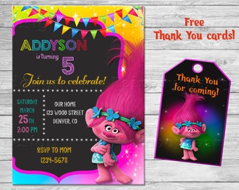 Trolls birthday invitation + Thank You, Trolls invitation, Trolls party invitation, Troll invites, Trolls birthday party, Trolls Poppy party