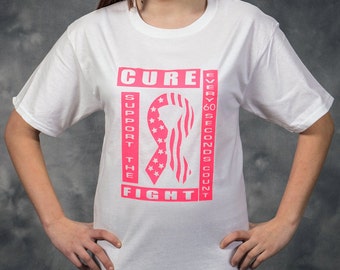 Vertical STARS & STRIPES White Breast Cancer Awareness T-Shirt, Tag Free Neck Label Survivor shirt, Sizes Small - 2X