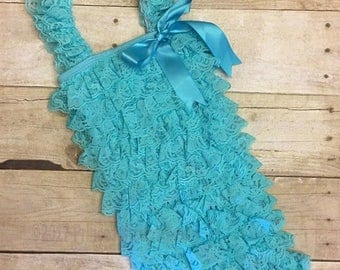 turquoise lace romper, turquoise petti lace, infant photo prop, photo prop, cake smash outfit, petti lace romper, baby first birthday outfit