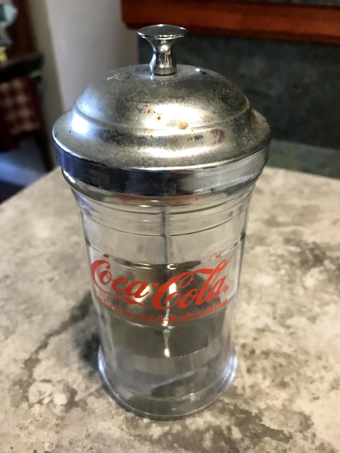 Coca Cola Glass Straw Dispenser Holder 6 1/2 Tall Chrome