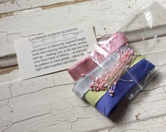 DIY flower making kit,ribbon flowers, millinery supplies,millinery stamens,embellishing,seam binding,flower making,new old stock,Kit No.10
