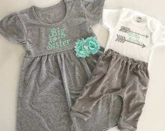 Big Sister Little brother OUTFITS .. Shabby chic mint aqua green and grey dress and onesie arrows pants set. new baby..baby shower