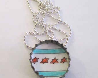 Recycled Bottle cap Necklace - Chicago Flag - Original Drawing, mini illustration, ball chain, chi town pride, windy city