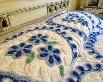On Layaway - Vintage Chenille Bedspread - Blue Hearts - Full or Queen Coverlet - Blanket - Cotton Spread - Vintage Bedding