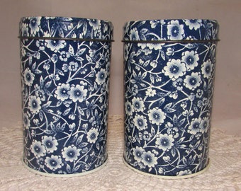 Vintage Tin Salt & Pepper Shakers, Blue White Calico design by Crownford China Co., England, floral, flowers