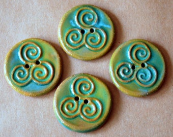 4 Handmade Ceramic Buttons - Spring Green Triple Spiral Buttons in Brown Stoneware - Celtic Buttons - Clay Focal Artisan Buttons