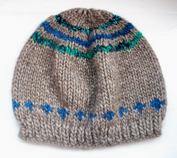 Unisex beanie hat, merino, alpaca, handspun, hand knitted, grey, blue, green