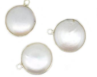 June Birthstone-Bezel Gemstone Pendant-Charms-Sterling Silver White Freshwater Pearl Coin Shape-15mm-Supplies Wholesale-1 pc-SKU: 201111-PRL