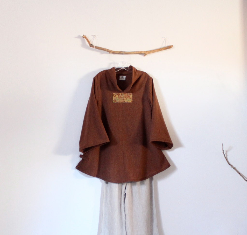 ready to wear brown wool asian blouse with kimono silk panel size M