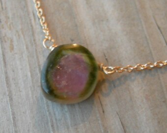 Watermelon Tourmaline Gold Necklace October Birthstone