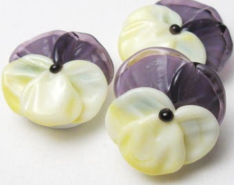 sra Lampwork Glass Beads, VIOLA PANSIES, Spring Flowers in Light Yellow and Violet Purple, handmade jewelry supplies