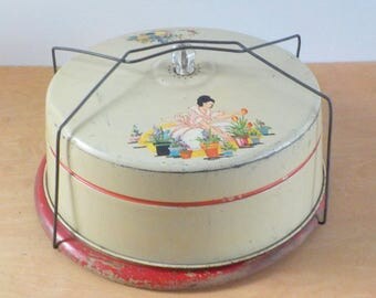 Vintage 1920s 1930s Cake Carrier • Rustic Wood and Metal Hand-painted Cake Carrier • Charming Vintage Cake Saver