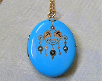 Antique Victorian Blue Enamel Locket Necklace, Antique Gold and Enamel Locket Necklace, Old Enamel Locket (L273)