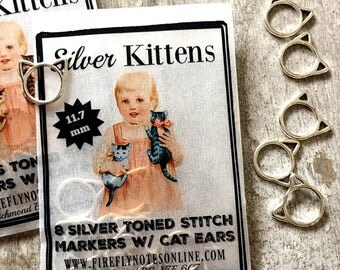 Cat stitch markers, small silver or brass toned, knitting gift 11.7 mm