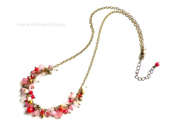 Lovely adjustable short red and pink boho necklace,Red and pink necklace,Short boho necklace,Whimsical necklace,Romantic jewelry,Romantic