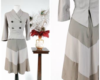 Vintage 1940s Dress - Sophisticated Shades of Grey Gabardine 40s Day Dress with Ombre Color Block Chevrons