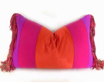 BOHO Pillow Covers, Bohemian Pillows, Pink Red Purple Pillows, Unique Pillows, Colorful Eclectic Cushion Covers, Color Block, Fringe, 14x20