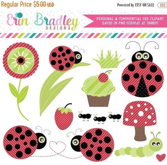 50% OFF SALE Ladybug Picnic Clipart Clip Art for Personal and Commercial Use in Black Red Green Polka Dots and Stripes Il_570xn