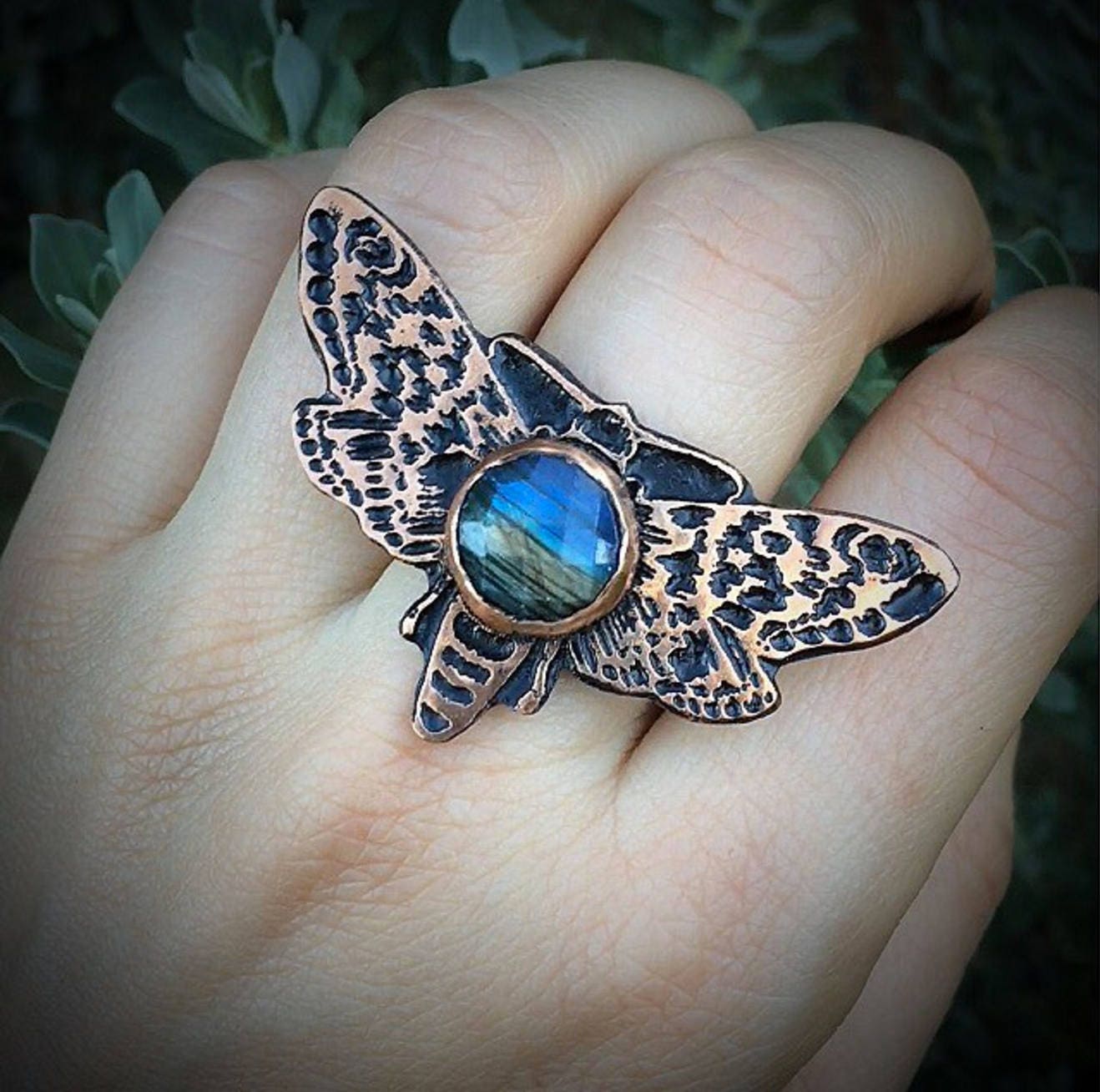 Moth Ring with Labradorite Copper Insect Jewelry based on