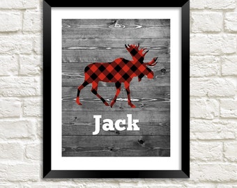 Baby boy nursery wall art woodland nursery print buffalo plaid print boy room decor moose nursery art personalized baby gift for baby