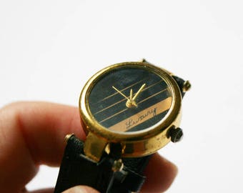 1980's Vintage Watch / Gold and Black Watch / Leather Watch / Minimalist