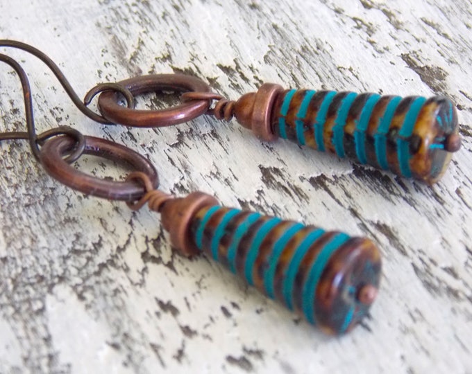 Blue Glass and Copper Bohemian Earrings Rustic Woodland Dangle Drop Czech Glass Boho Earrings