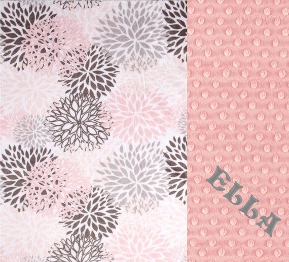 Personalized Baby Blanket / Floral Minky Baby Blanket Girl, Pink Gray Blooms Flowers / Name Blanket / Baby Shower Gift / Baby Girl Blanket