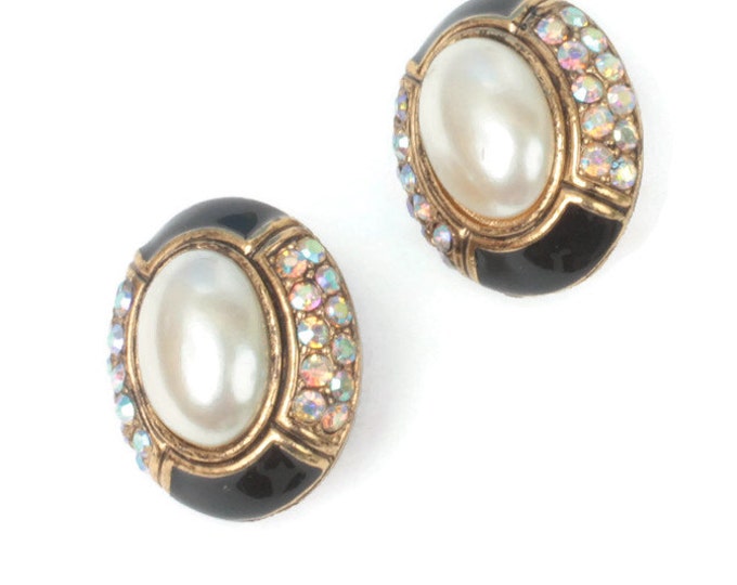 Oval Faux Pearl Earrings AB Rhinestones Black Enamel Vintage