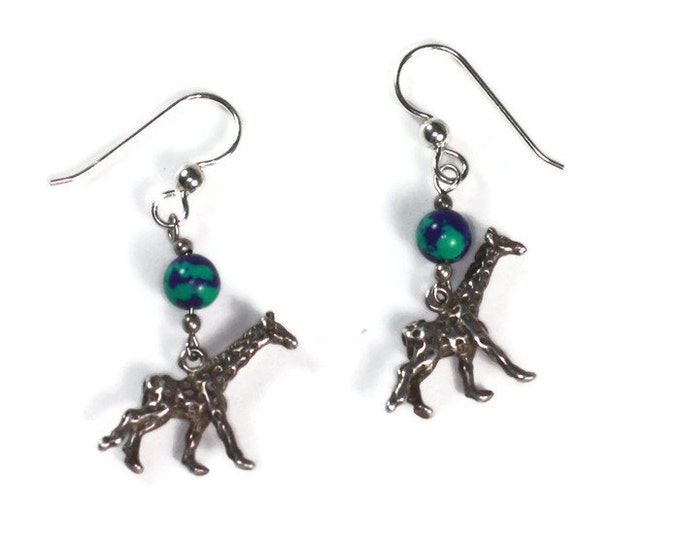 Giraffe Dangle Earrings Green Blue Beads Sterling Azurite Malachite Vintage