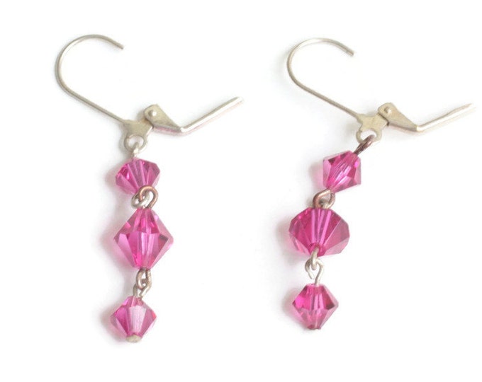 Fuchsia Pink Crystal Dangle Earrings Lever Back Vintage