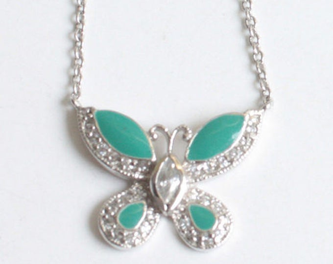 Enameled Butterfly Pendant Necklace Green Enamel Crystals Signed FAS Vintage