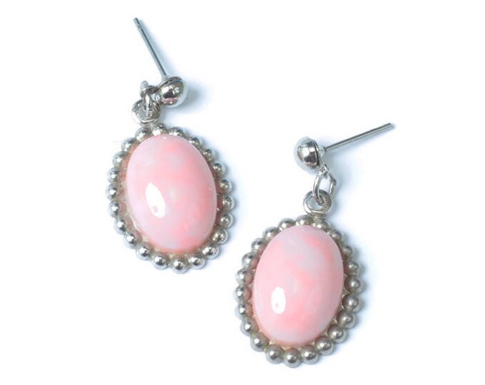 Pink Oval Dangle Earrings Silver Tone Bead Edging Posts Vintage