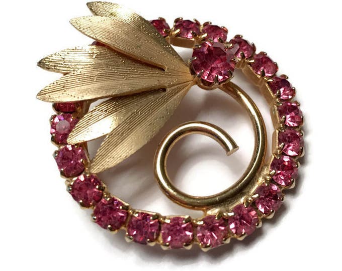 Pink Rhinestone Circle Brooch Flower Leaf Retro Vintage