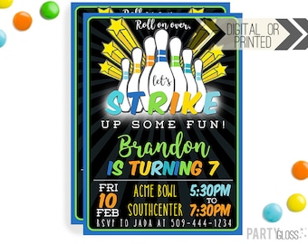 Neon Bowling Birthday Invitation | Digital or Printed | Bowling Invitation | Neon Boy Bowling | Neon | Glow In The Dark Bowling | Glow